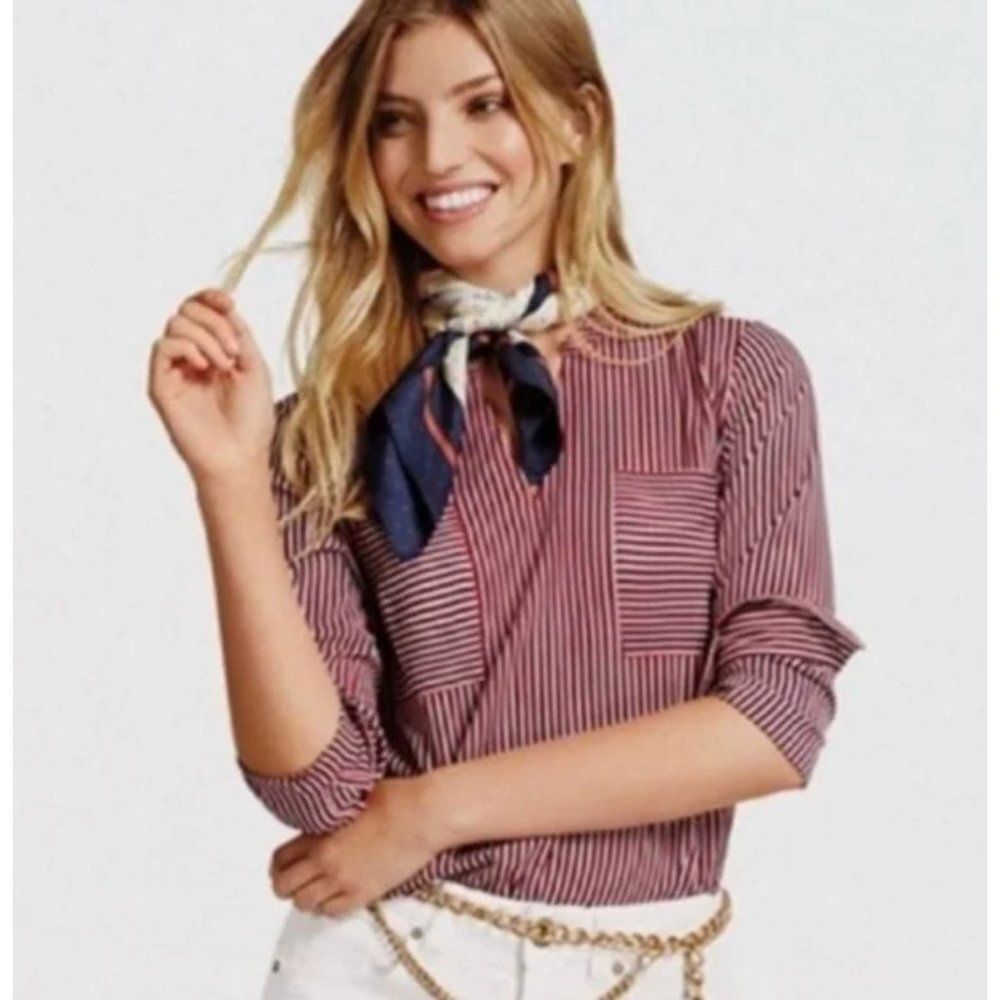 cAbi Franklin Split Neck Blouse Striped Red White Top Tunic Henley
